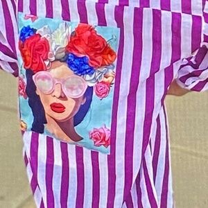 NEW AMELIA’S Frida Art To Wear Striped Purple White Tunic Shirt Ramie Cotton L